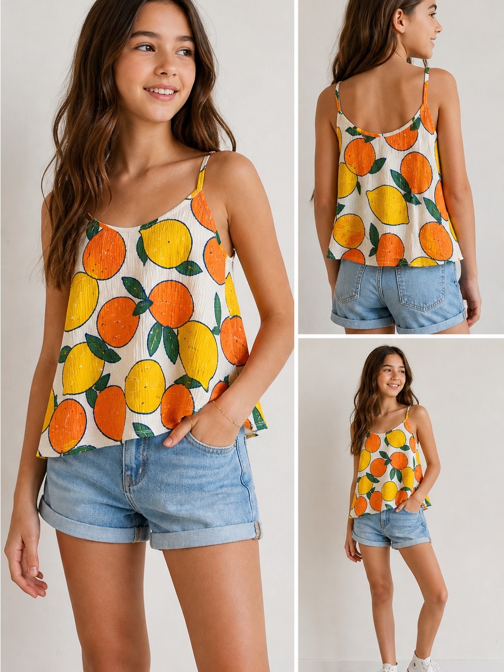 Zara Girls XL Citrus Lemon Orange Print Flowy Cami Tank Top